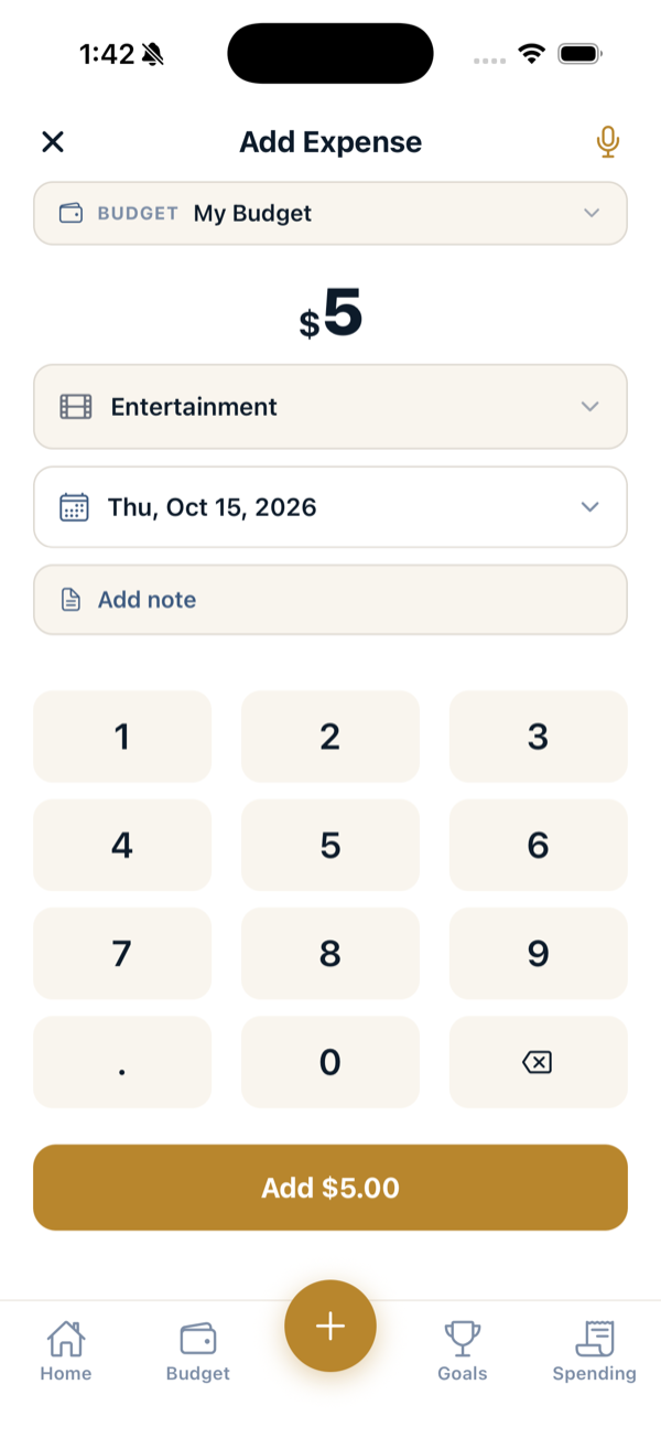 The Add Expense screen with amount keypad, category, date, and Add button.