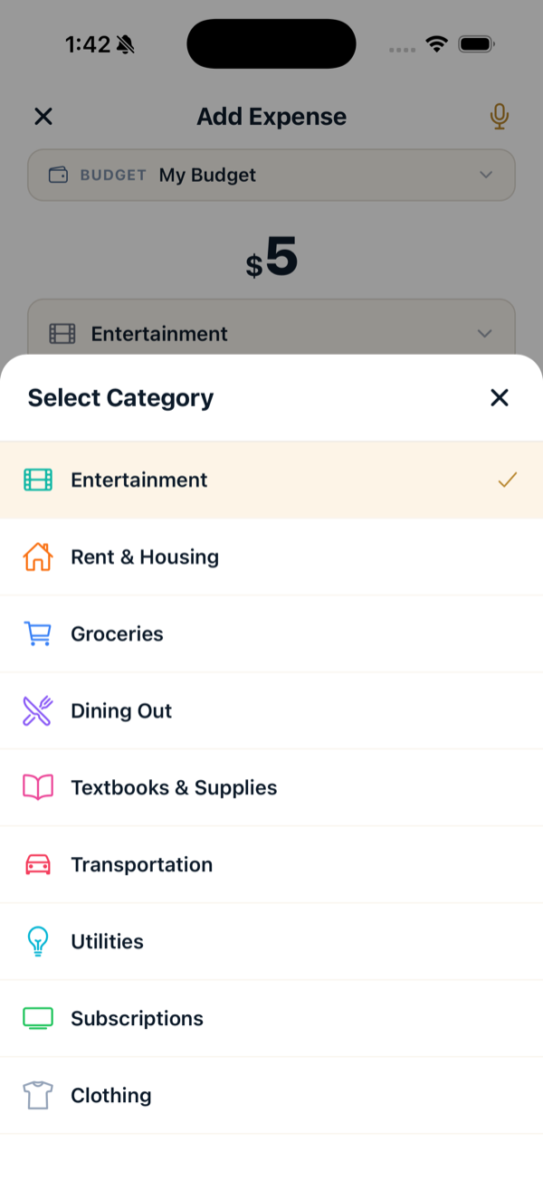 The category picker with the most-used category at the top.