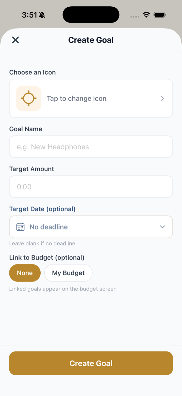The Create Goal form with icon, name, target amount, target date, and budget link.