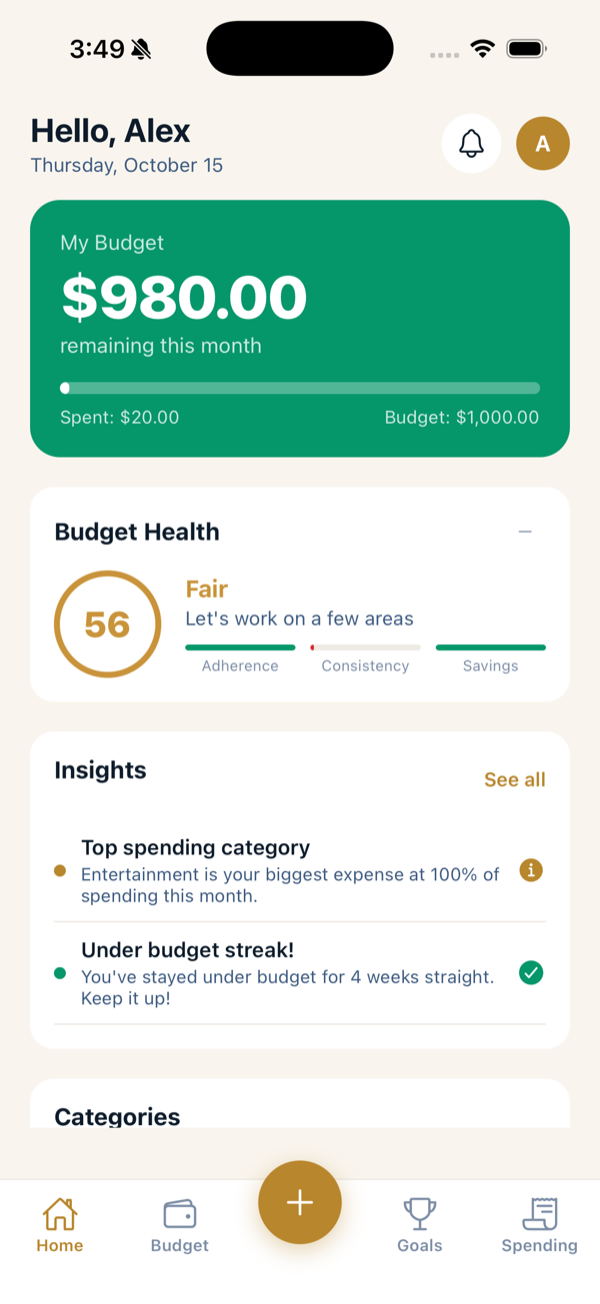 The Clarius Home dashboard showing remaining budget, budget health, and insights.