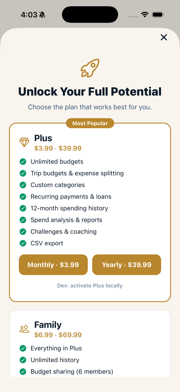 The in-app plans screen comparing Plus and Family tiers and their features.