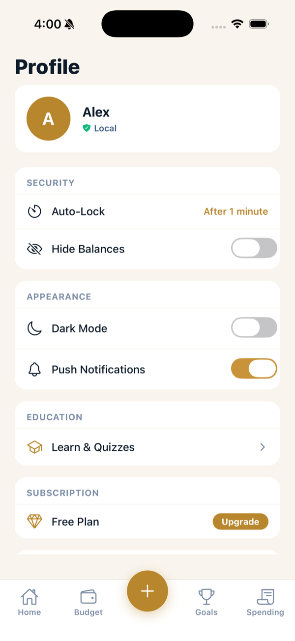 The Profile screen showing Security, Appearance, and other settings.
