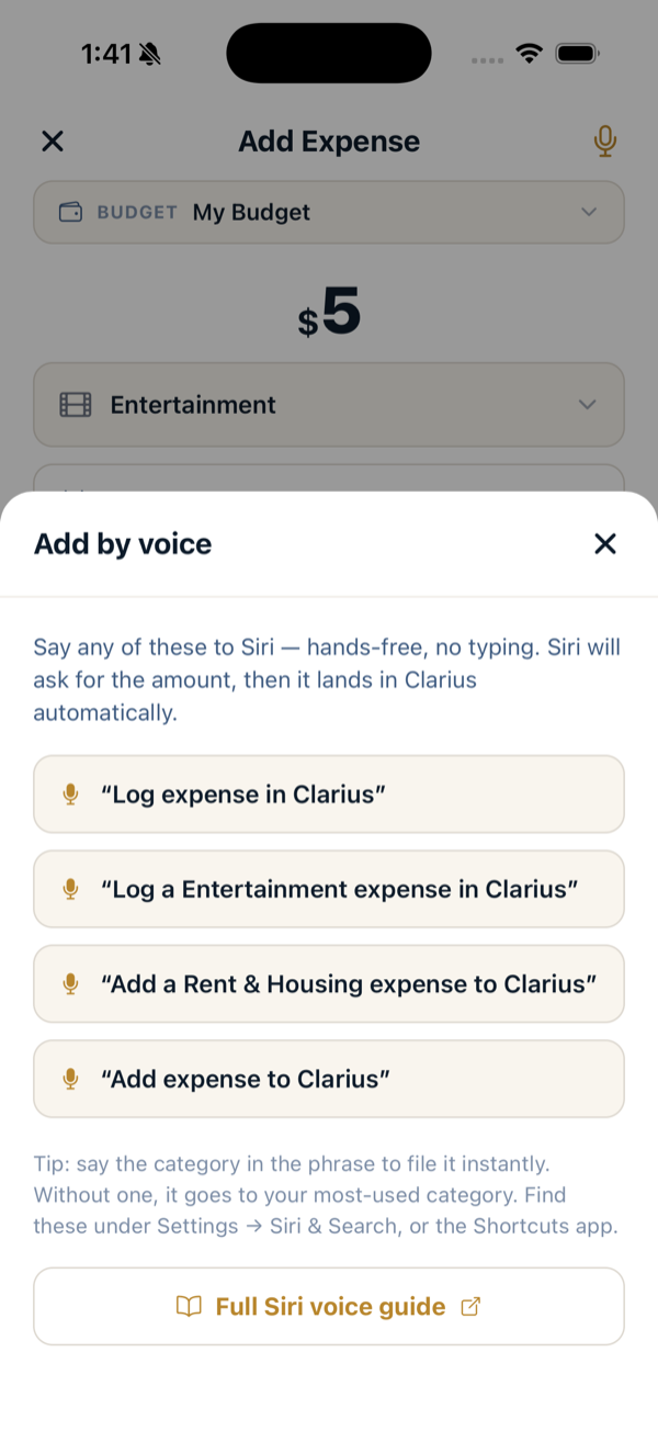 The Add by voice sheet listing example Siri phrases built from your own categories.