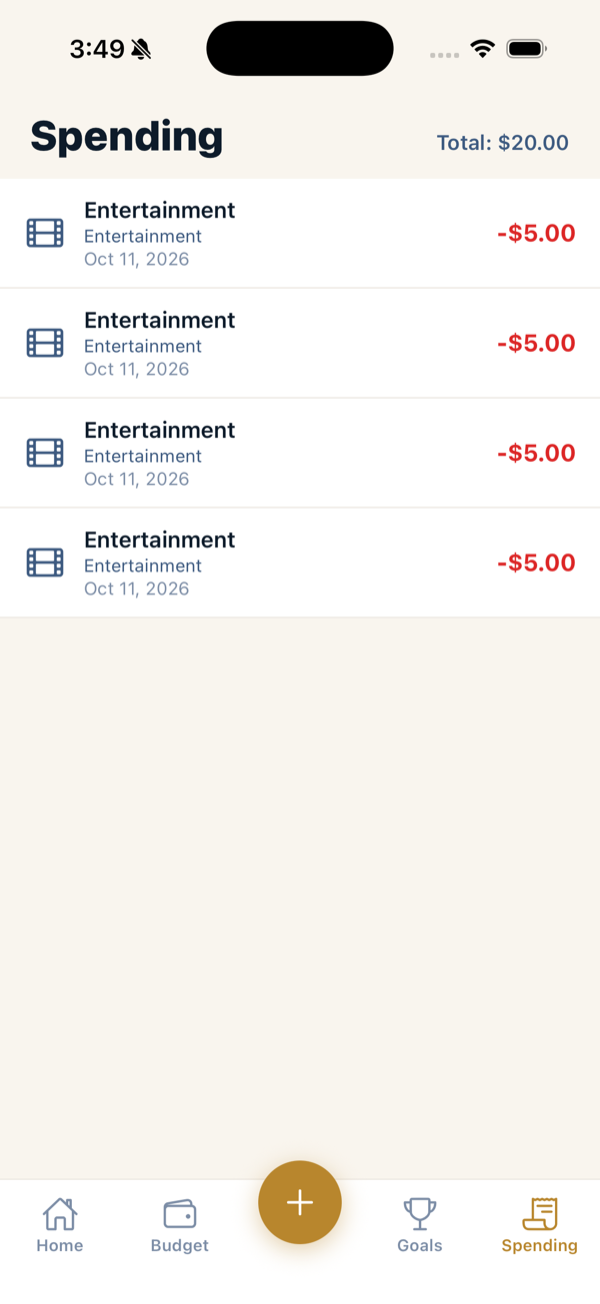 The Spending tab listing logged expenses with dates and amounts.